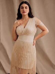 Anewsta Plus Size Women's Solid Color Fringe V-Neck Elegant Party Dress - Apricot - View 4