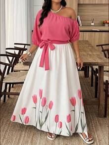 Weeklong Vestido asimétrico de hombro con estampado floral de retazos para tallas grandes de verano - Multicolor - Ver 3