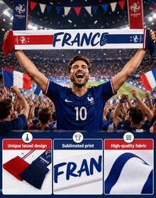 juxingdongli Khăn quàng cổ cổ động viên bóng đá Pháp, khăn len in chữ "Allez Les Bleus" có tua rua, khăn quàng cổ màu xanh trắng đỏ thể hiện tinh thần cổ vũ đội tuyển quốc gia, phụ kiện cổ vũ ngày thi đấu, quà tặng. - Nhiều màu - Xem 3