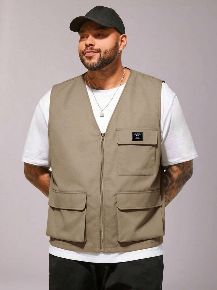 EASEVO Men Plus Size Autumn Casual Flap Pocket Zip-Up Loose Fit Vest, Vacation, Father's Day Gifts Going Out , Football - Camel - View 1