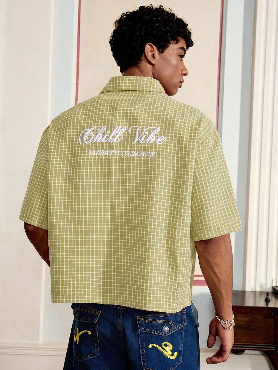 SWAVVY Men's Plaid Embroidered Single-Breasted Short Sleeve Fashion Versatile Shirt - Yellow - View 1