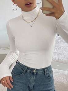DAZY تي شيرت أساسي برقبة عالية وأكمام طويلة للنساء، بيج، ربيع/صيف/خريف، ملابس نسائية علوية لطيفة - بيج - مشاهدة 14