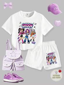 1套青少年女孩春夏服裝 2件套 GROOV 動漫女孩印花白色短袖T恤 + 白色短褲 青少年女孩夏季休閒套裝 寬鬆親膚透氣 適合日常、上學、出遊、運動 百搭舒適 適合各種身型 讓妳成為春夏最吸睛的小美女 - 彩色 - 查看 2