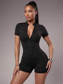 Radiana Zip Up Sports Romper - Black - View 7