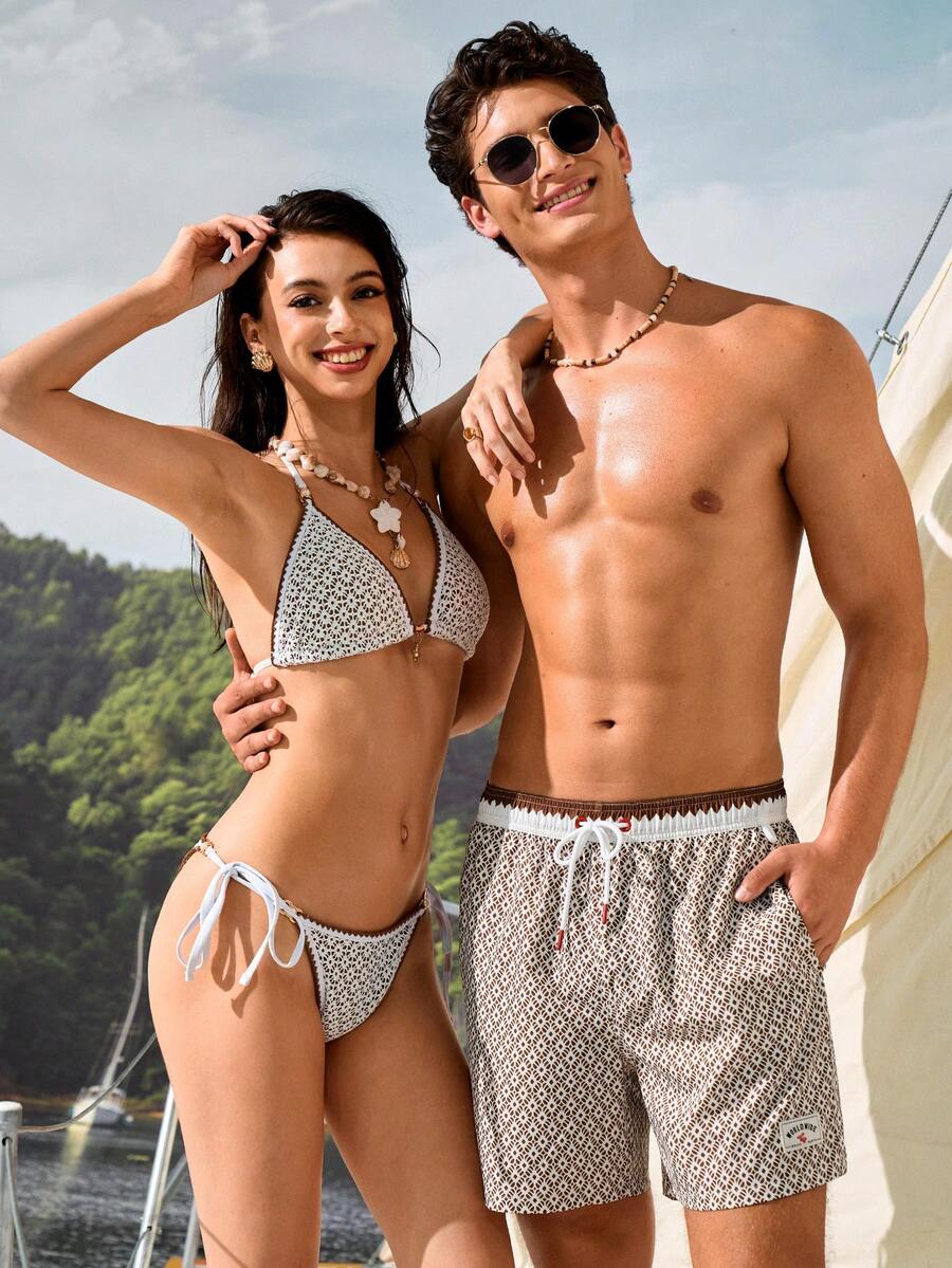 Manfinity VDAYZ 男士幾何印花抽繩腰口袋休閒沙灘短褲 - 棕色 - 查看 1
