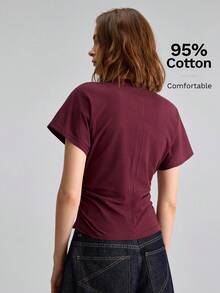 Ontre 女款磚紅色舒適布料修身梯形輪廓圓領四季通用波希米亞風度假海邊T恤 - 鏽棕色 - 查看 4
