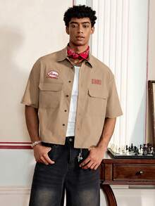 SWAVVY Men's Letter Print Short Sleeve Single-Breasted Cargo Pocket Shirt,Holiday,Summer - Khaki - View 4