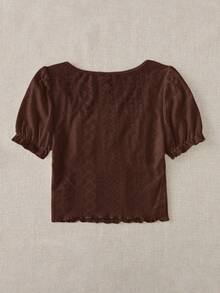 Solavibe 大尺碼女款泡泡袖方領百褶荷葉邊飾 T-shirt 棕色夏季休閒可愛仙女風 早午餐正式生日穿搭 - 棕色 - 查看 11