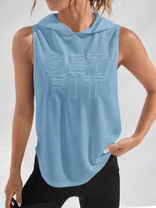 SHEIN Sports Women's Fashion Versatile Letter Print Double Side Cutout Hooded Sweatshirt - Blue - View 3