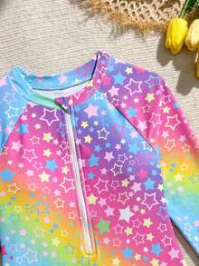 SHEIN 青少年女孩漸層圖案長袖拉鍊式連身泳衣 - 彩色 - 查看 4
