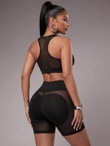 Radiana Mesh Patchwork Racerback Sports Bra + Tight Sports Mini Shorts Set  Y3k Seksi Chic For Daily Wear Yoga Yoga Studio Tennis Gym Indoor - Black - View 6