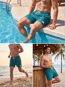 Horizaway Men's Tropical Plant Print Drawstring Waist Beach Shorts - Multicolor - View 3