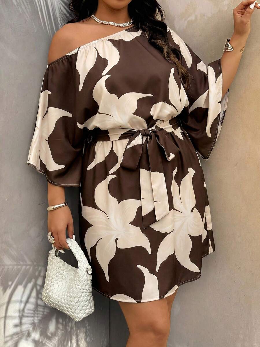 Weeklong Women's Plus Size Spring/Summer Vacation Asymmetrical Shoulder Cinched Waist Solid Color Large Floral Print Short Dress - Multicolor - View 1