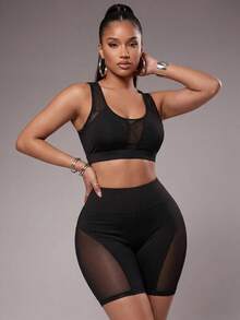 Radiana Mesh Patchwork Racerback Sports Bra + Tight Sports Mini Shorts Set  Y3k Seksi Chic For Daily Wear Yoga Yoga Studio Tennis Gym Indoor - Black - View 2