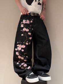 STEELVANCE 男士刺繡寬鬆休閒寬腿牛仔褲 - 黑色 - 查看 3