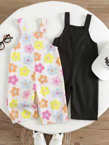 SHEIN 2件組女嬰休閒街頭風時尚細肩帶連身褲 - 黑與白 - 查看 9