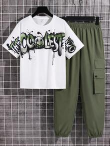SHEIN 2件組兒童青少年男童休閒街頭風字母印花圖案套頭短袖T恤直筒束口運動長褲針織T恤套裝，運動服，Y2k套裝，適合春夏季，外出、情人節、約會、旅行、度假、家庭聚會、開學、婚禮季、晚餐、運動、生日派對 - 白色 - 查看 5