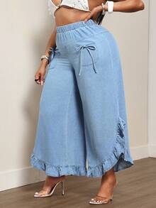 Slaydiva Plus Size Women's Non-Stretch High Waist Ruffle Hem Wide Leg Jeans Cowboy Outfits For Women - Light Wash - View 3