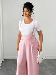Elenzga Women's Plus Size Adjustable Pearl Buckle Decor Pocket Long Overalls Elegant Party Jumpsuit - Dusty Pink - View 5