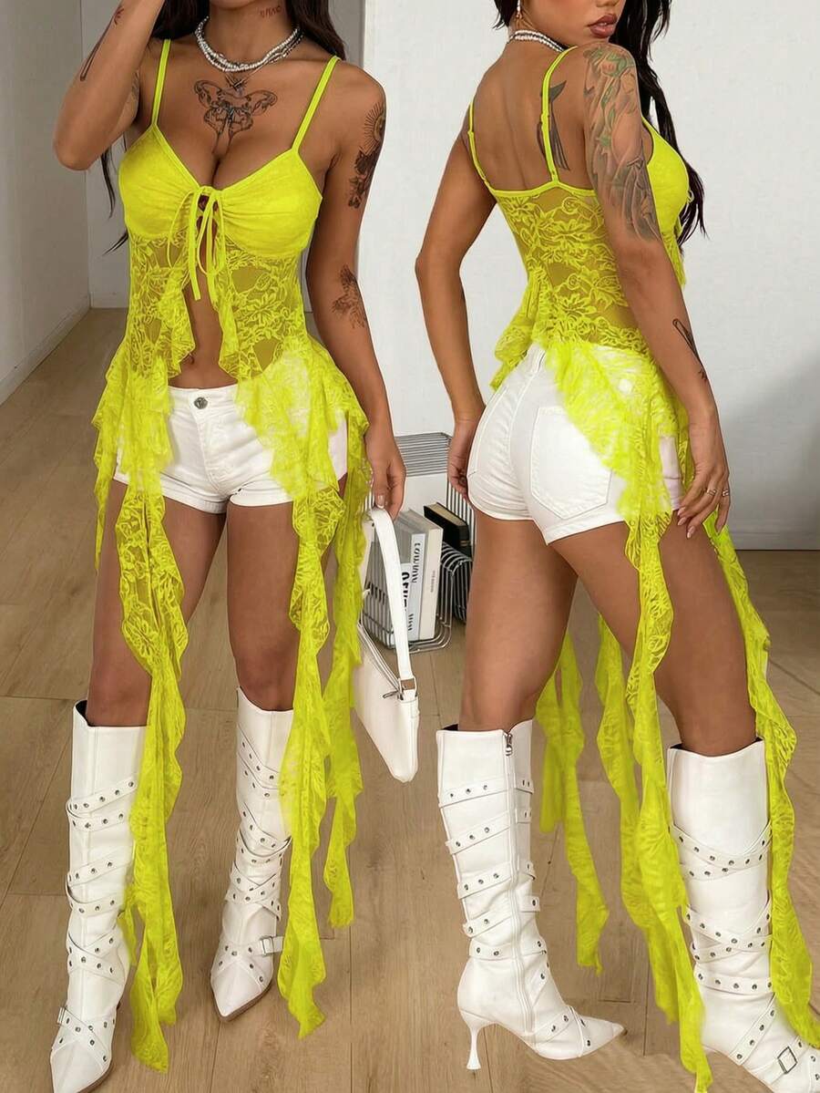 Coolane Summer Outfit For Women Streetwear Going Out Casual Back To School Daily Wear Yellow Contrast Lace Tank Tops