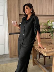 Weeklong Women's Plus Size Autumn Sleeve Drawstring Tie Commute Minimalist Normal Capsule Shirt Brunch Office Dark Wash - Black - View 6