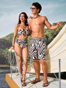 Manfinity VDAYZ Men's Vacation Zebra Print Drawstring Waist Beach Shorts - Brown - View 3