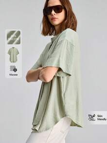 Ontre 女款鼠尾草綠圓領小立領落肩短袖夏季波希米亞風極簡休閒辦公早午餐教師節穿搭 - 薄荷綠 - 查看 6
