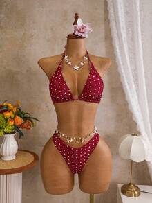 Bonvoyette Conjunto de bikini de 3 piezas con falda de cuello halter y estampado aleatorio para mujer, primavera/verano - Multicolor - Ver 6