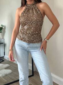 Lucivie Women's Elegant Coffee Brown Sequin Sparkly Halter Neck Top,Seksi Chic Backless Ruched Sleeveless Cami Blouse For Summer,Club Night,Party & Wedding - Brown - View 10