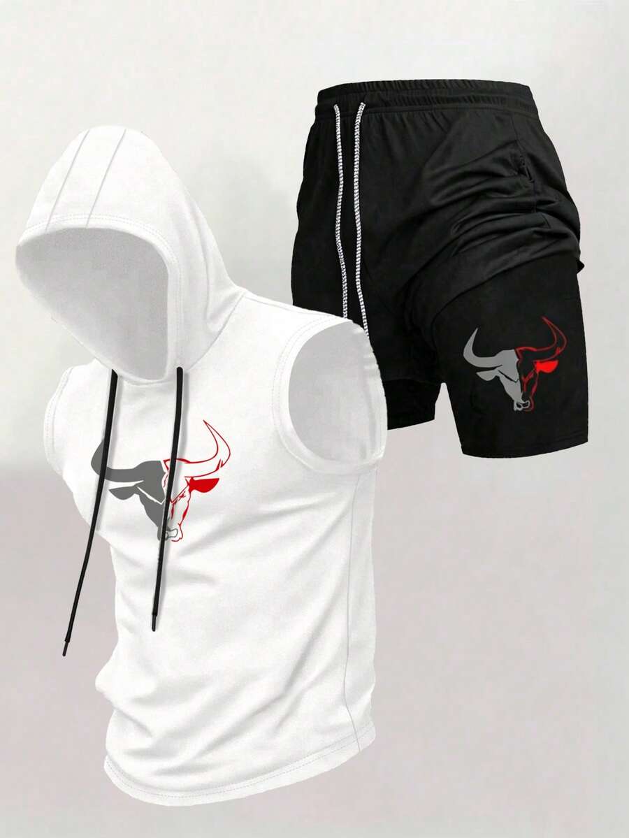 Gym Rark Men's Bull Head Print Hooded Tank Top & Shorts Sports Set, Gym - White - View 1