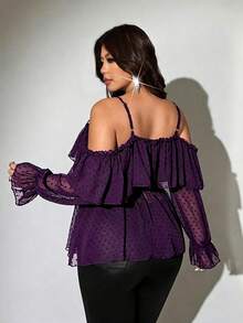 Viva Relle Plus Size French Sheer Lace Ruffle Sexy Cold Shoulder Blouse Fall - Purple - View 6