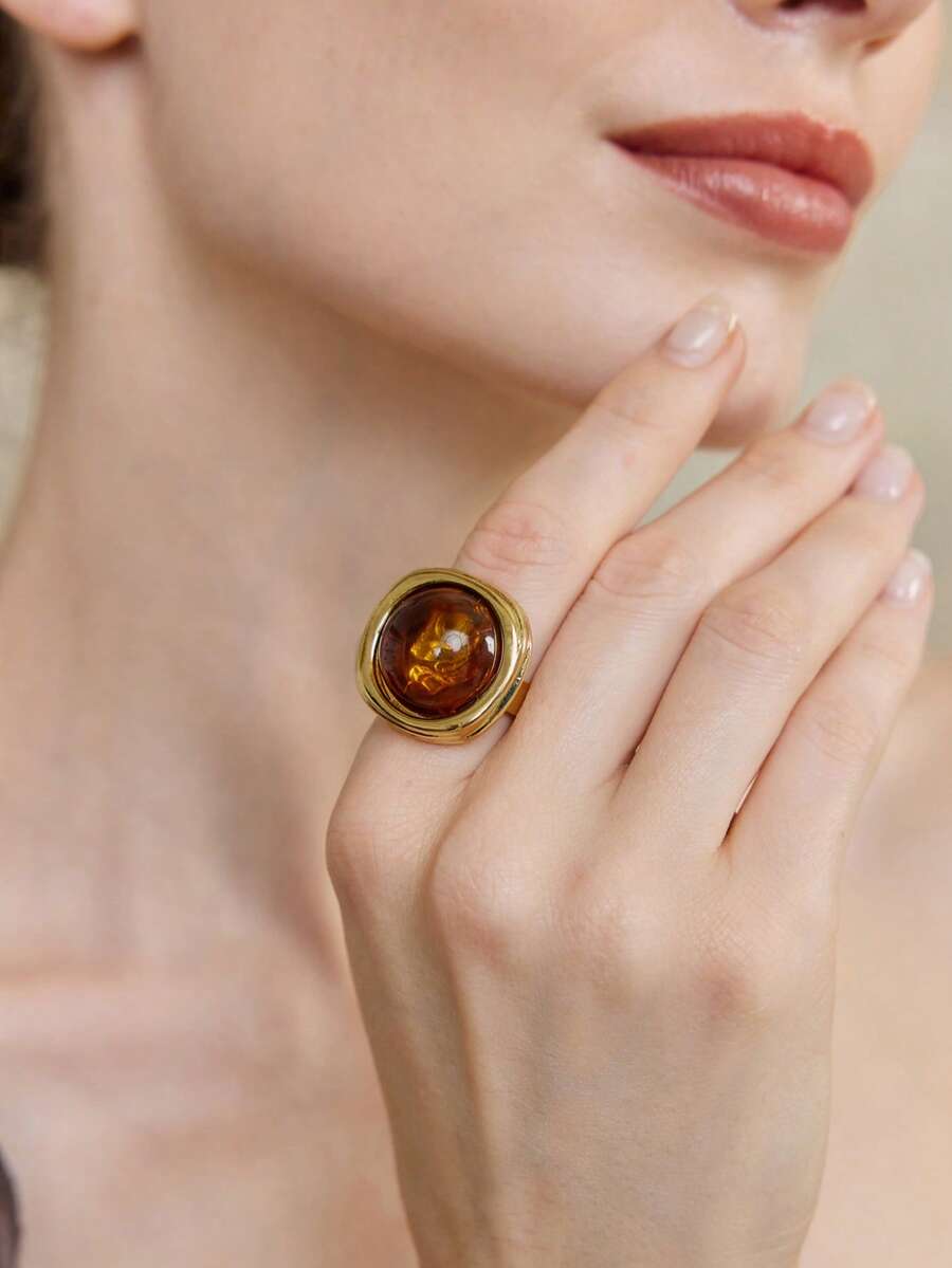 Opalesca Anillo de resina de oro de 18k personalizado de nicho,Premium/Elegante/Clásico/Uso diario/Minimalista,Perla/Cristal,Compromiso/Boda/Promesa,Verano/Playa/Baile de graduación/Fiesta/Vacaciones/Viaje,Para mamá/Mujeres/Niña/Madre,Novia,Fairycore/Mermaid Core - Dorado - Marrón - Ver 1