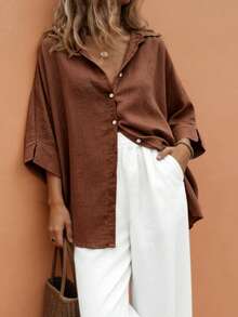 EMERY ROSE Camisa de mujer talla grande para primavera/verano, casual, sencilla y versátil, estilo resort, color caqui liso, corte holgado con hombros caídos y cuello, perfecta para primavera y verano - Óxido marrón - Ver 5