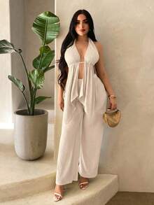SHEIN SXY Women's Beach Vacation Club Vacation Vacation Textured Sexy Tropical Tropical Pleated Halter Neck Tank Top And Loose Long Pants Set Beige Summer - Apricot - View 4