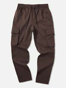 Manfinity Homme Pantalones casuales de hombre con bolsillos de carga y cordón en la cintura, unicolor, otoño - Café integral - Ver 4