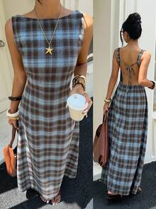Aloruh Women's Elegant Casual Commute Outdoor Plaid Sleeveless Brown&Blue Dress,Country Style For Women,Holiday,Vacation,Work Office Dress,Summer Dress - Multicolor - View 9