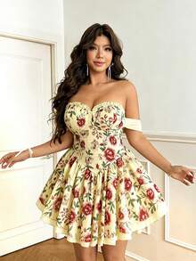 Vionelle Plus-Size Sexy And Elegant Resort Off-Shoulder Backless Dress - Yellow - View 2