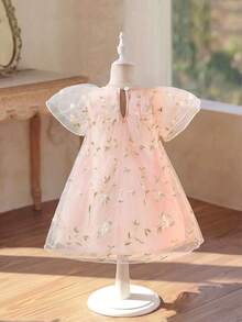 SHEIN Glamorique Kids 女嬰公主洋裝，粉色刺繡洋裝，薄紗刺繡洋裝，粉色，可愛，生日派對，婚禮度假禮服，舞會禮服，畢業禮服，夏季洋裝 - 粉色 - 查看 4