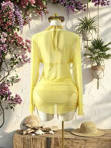 Swim SXY Plus Size 3-Piece Women's Swimsuit Set With Floral Accents, Solid Color, Sexy - Yellow - View 2