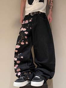 STEELVANCE 男士刺繡寬鬆休閒寬腿牛仔褲 - 黑色 - 查看 5