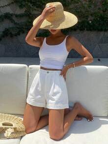 DAZY Roll Up Hem Fold Pleated Denim Shorts Jorts - White - View 15
