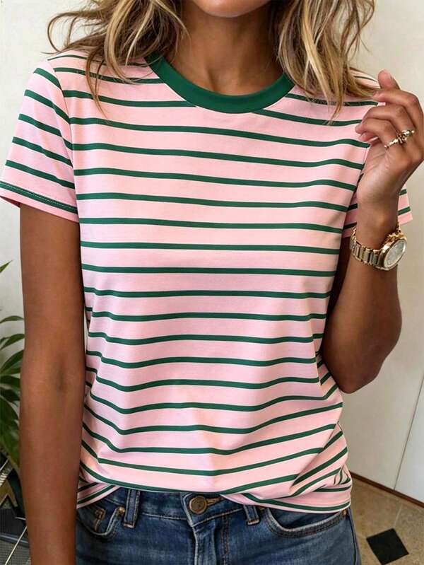 Selamara Camiseta de mujer de manga corta y cuello redondo a rayas, informal, de verano