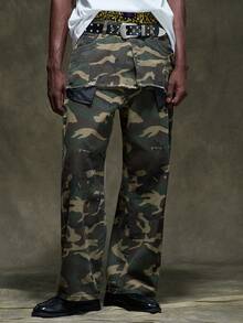 Salvezio 街头时尚迷彩小众设计双腰带口袋宽松阔腿牛仔裤 - 軍綠色 - 查看 5