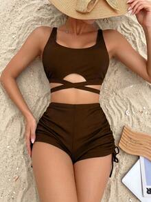 Swim Basics Women's Solid Color Minimalist Daily Swimwear Set - Brown - View 1