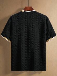 Manfinity Homme Men's Knit Jacquard Solid Texture Gold Trim Ribbed T-Shirt, Holiday - Black - View 2