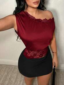 SHEIN SXY 酒紅色優雅蕾絲拼接單肩領口上衣 - 酒紅色 - 查看 6