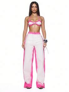 MUSERA Contrast Washed Eyelet Tie Denim Jeans Only Sexy Summer Spring Rave Festival Holiday Vacation Party Going Out Tripp - Hot Pink - View 1