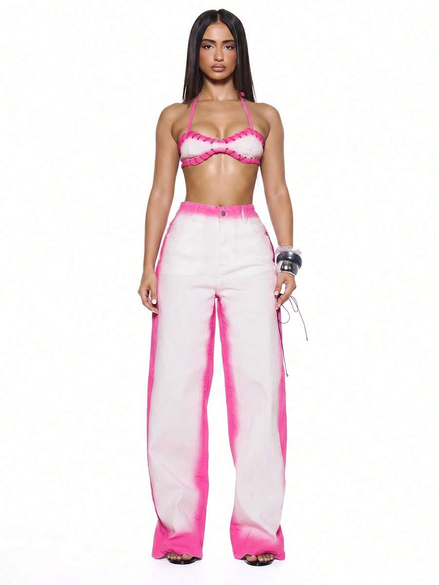 MUSERA Contrast Washed Eyelet Tie Denim Jeans Only Sexy Summer Spring Rave Festival Holiday Vacation Party Going Out Tripp - Hot Pink - View 1