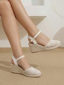 Styleloop Giày cao gót đế xuồng dệt từ dây gai dầu và rơm màu be dành cho nữ, kiểu dáng boho, phù hợp cho đi chơi, nghỉ mát, hẹn hò hàng ngày, đi biển, du lịch biển, phong cách thường ngày. - Màu be - Xem 2