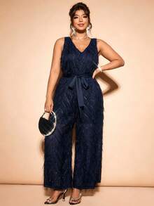 Cravure Plus Size Women's New Elegant Party Jumpsuit With Fringe, V-Neck, Bow Tie, Back Cutout, Spring/Summer - Navy Blue - View 4